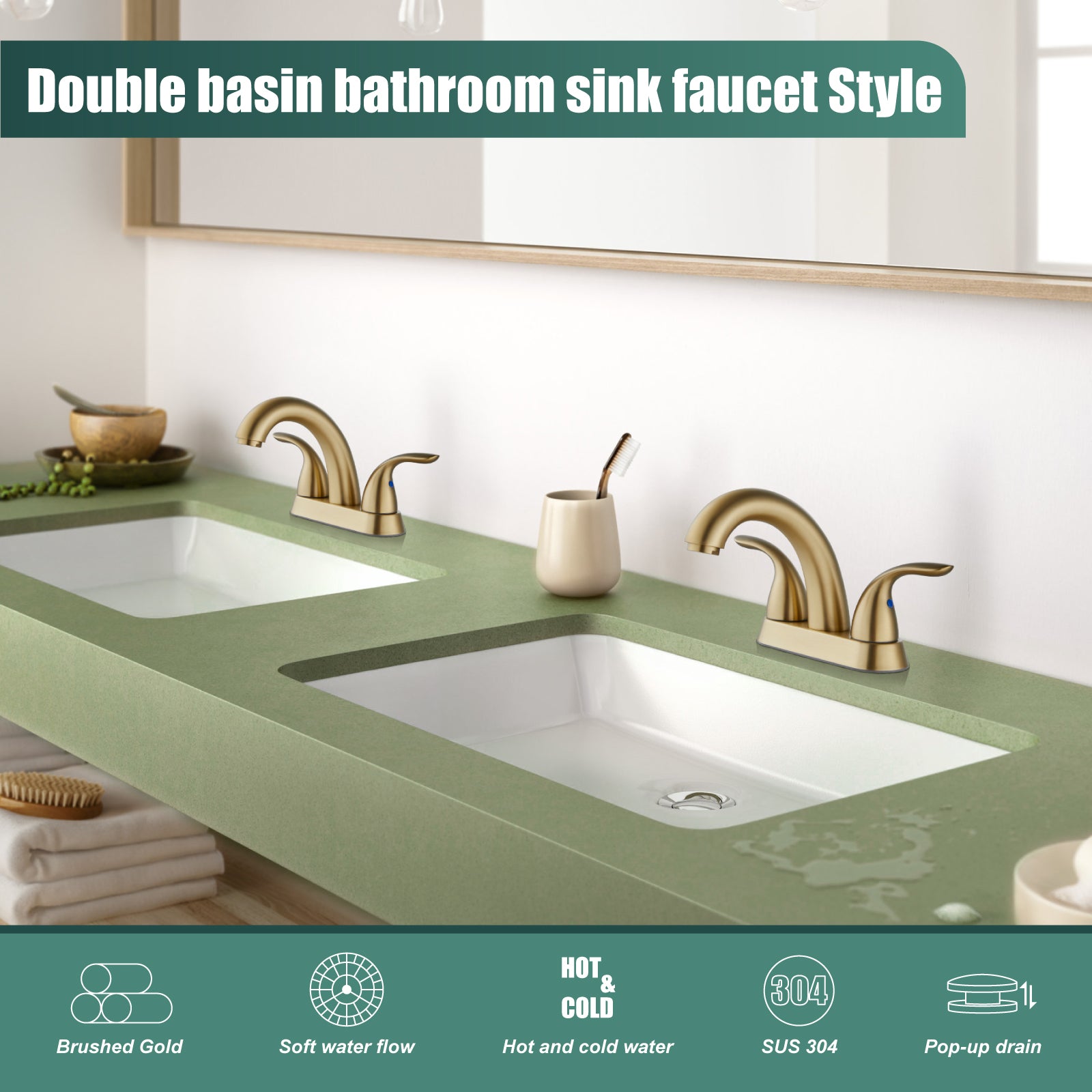 Heyalan Swivel Spout 2 Handle Lever Lavatory Bathroom Vessel Sink Faucet 4-Inch Centerset Deck Mount Mixer Tap with Pop-up Drain Stainless Steel