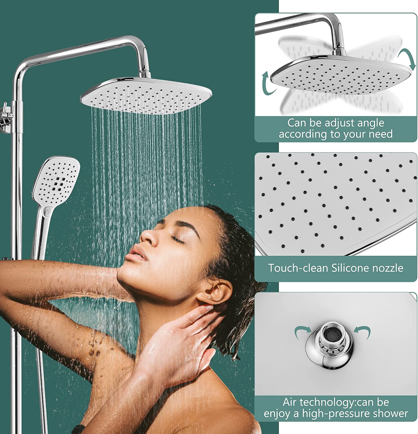Exposed Shower System Polish Chrome 3 Functional Bathroom Shower Set 9 Inch Rainfall Shower Head with Handheld Sprayer Complete Set Adjustable Hand Spray Tub Spout Wall Mount