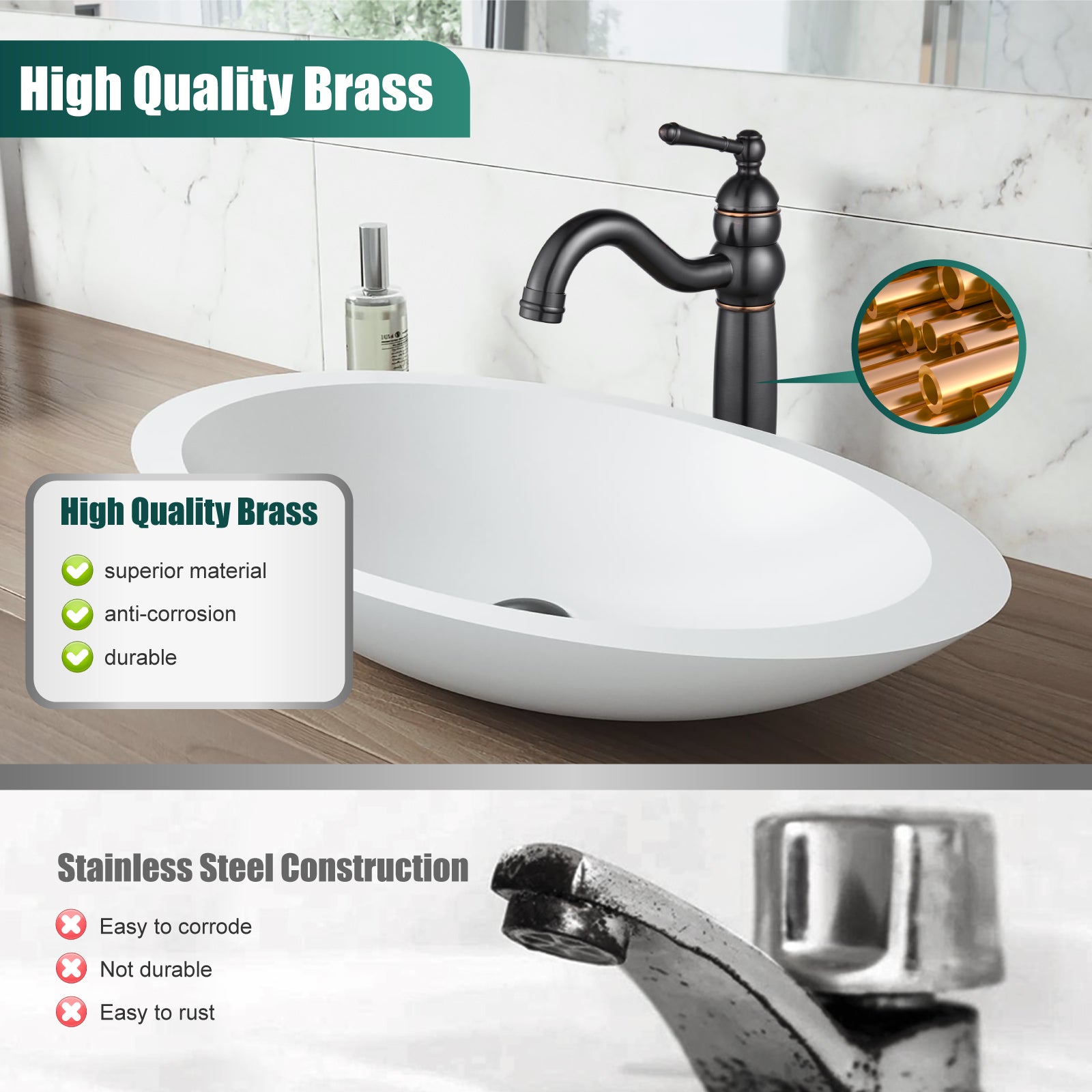 Heyalan Bathroom Vessel Sink Faucet Deck Mount Single Hole One Handle Vintage Lavatory Basin Spout Vanity Tall Mixer Tap Solid Brass Antique Assembly with Pop-up Drain