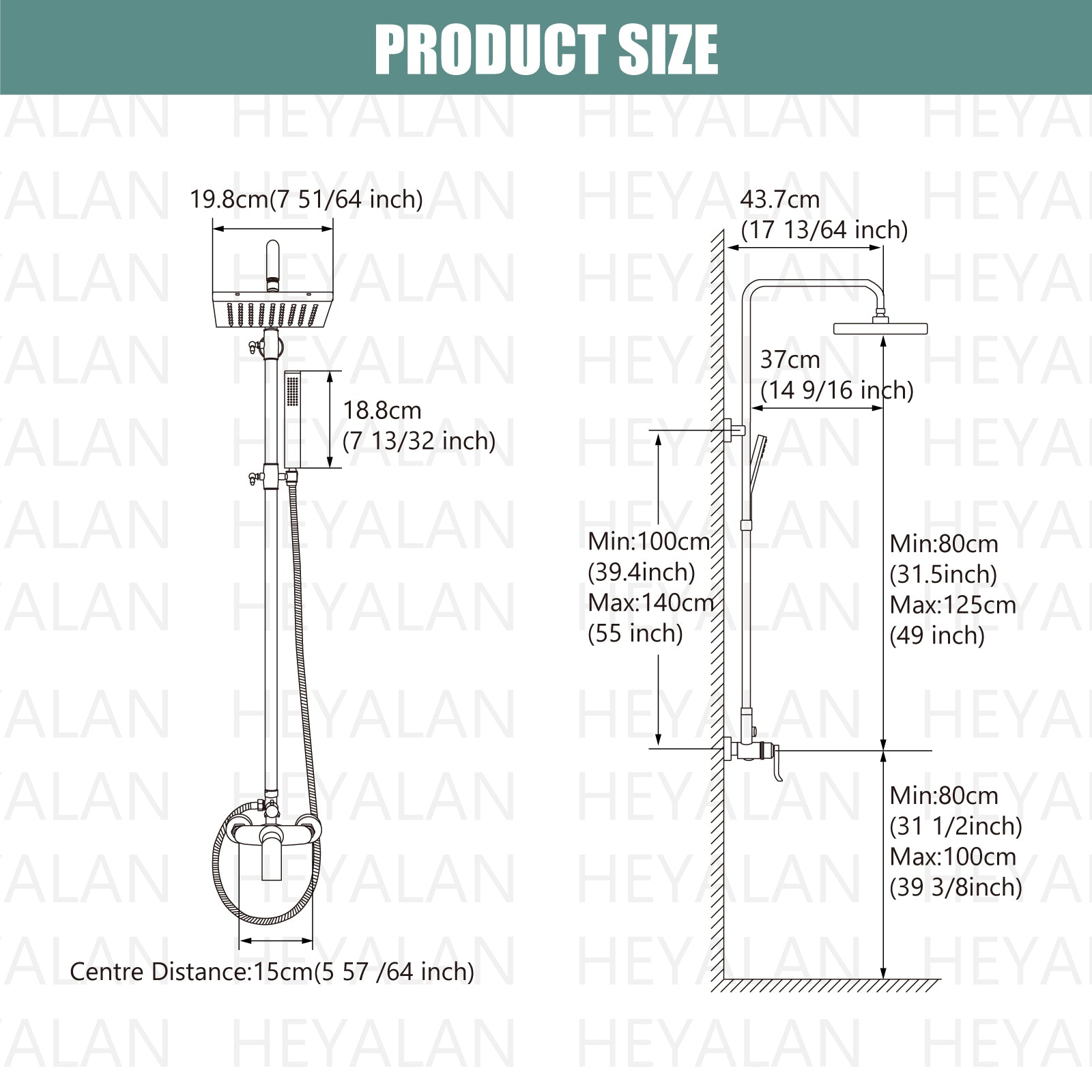 Exposed Shower System Dual Function Bathroom Shower Faucet 8 Inch Square Swivel Rainfall Shower Head with Handheld Adjustable Complete Set Wall Mount
