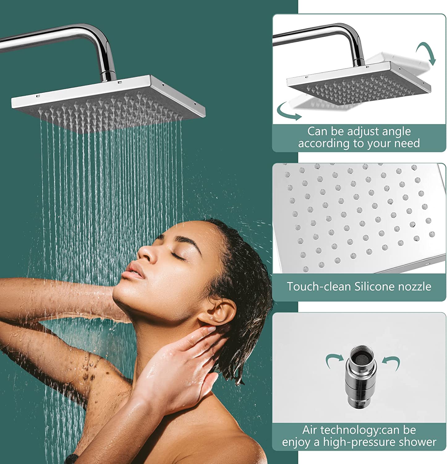 3 Functional Bathroom Shower Set 8 Inch Square Rainfall Shower Head with Wall Mounted