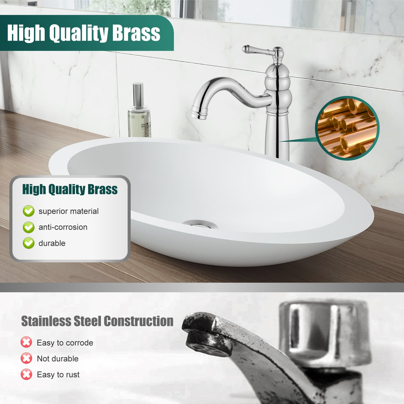 Heyalan Bathroom Vessel Sink Faucet Deck Mount Single Hole One Handle Vintage Lavatory Basin Spout Vanity Tall Mixer Tap Solid Brass Antique Assembly with Pop-up Drain