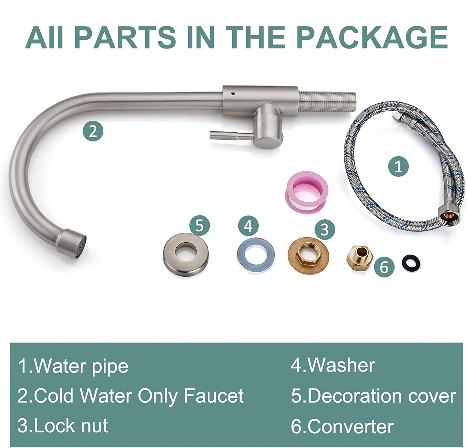 Kitchen Faucet Cold Water Only 1 Hole Single Handle 360 Degree Swivel Spout Deck Mount High Arc SUS304 Sink Bar Tap Goose Neck with Hose and Longer Thread Pipe