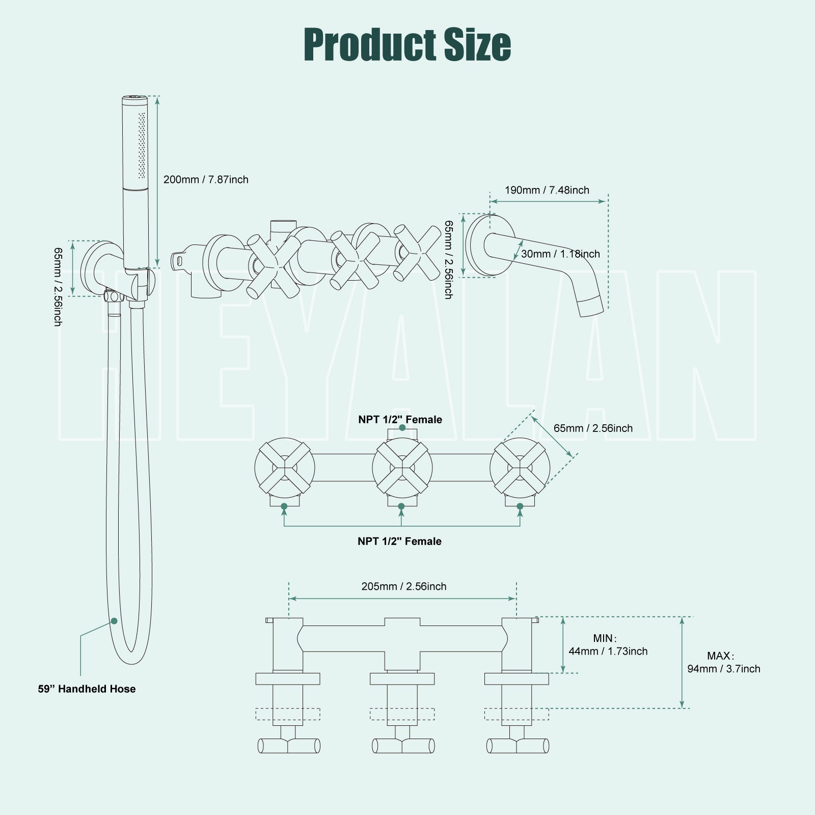 Heyalan Wall Mounted Bathroom Tub Filler Faucet with Handheld Shower Head High Flow Bathtub Spout with 3 Knobs Shower Trim kit Hand Held Sprayer 2 Function Roman Bath Fixtures