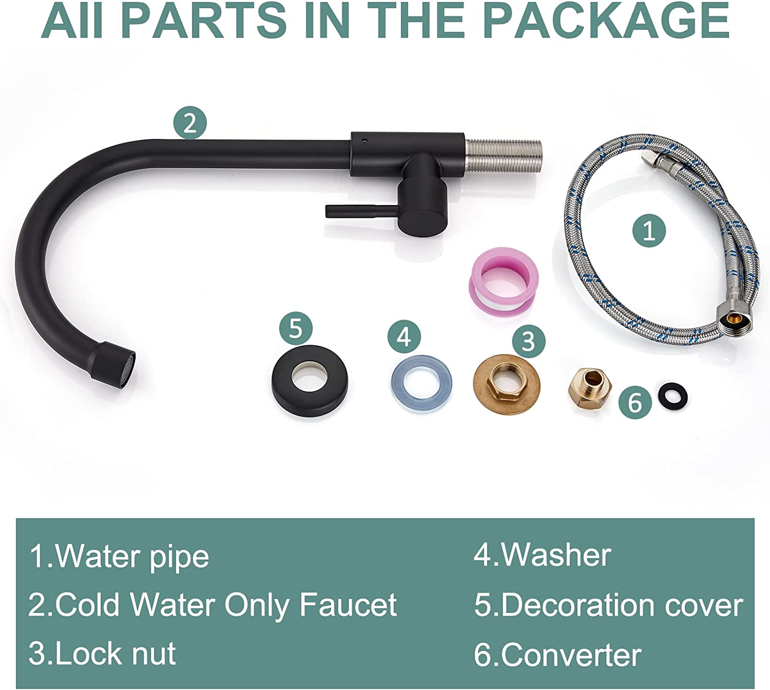 Kitchen Faucet Cold Water Only 1 Hole Single Handle 360 Degree Swivel Spout Deck Mount High Arc SUS304 Sink Bar Tap Goose Neck with Hose and Longer Thread Pipe