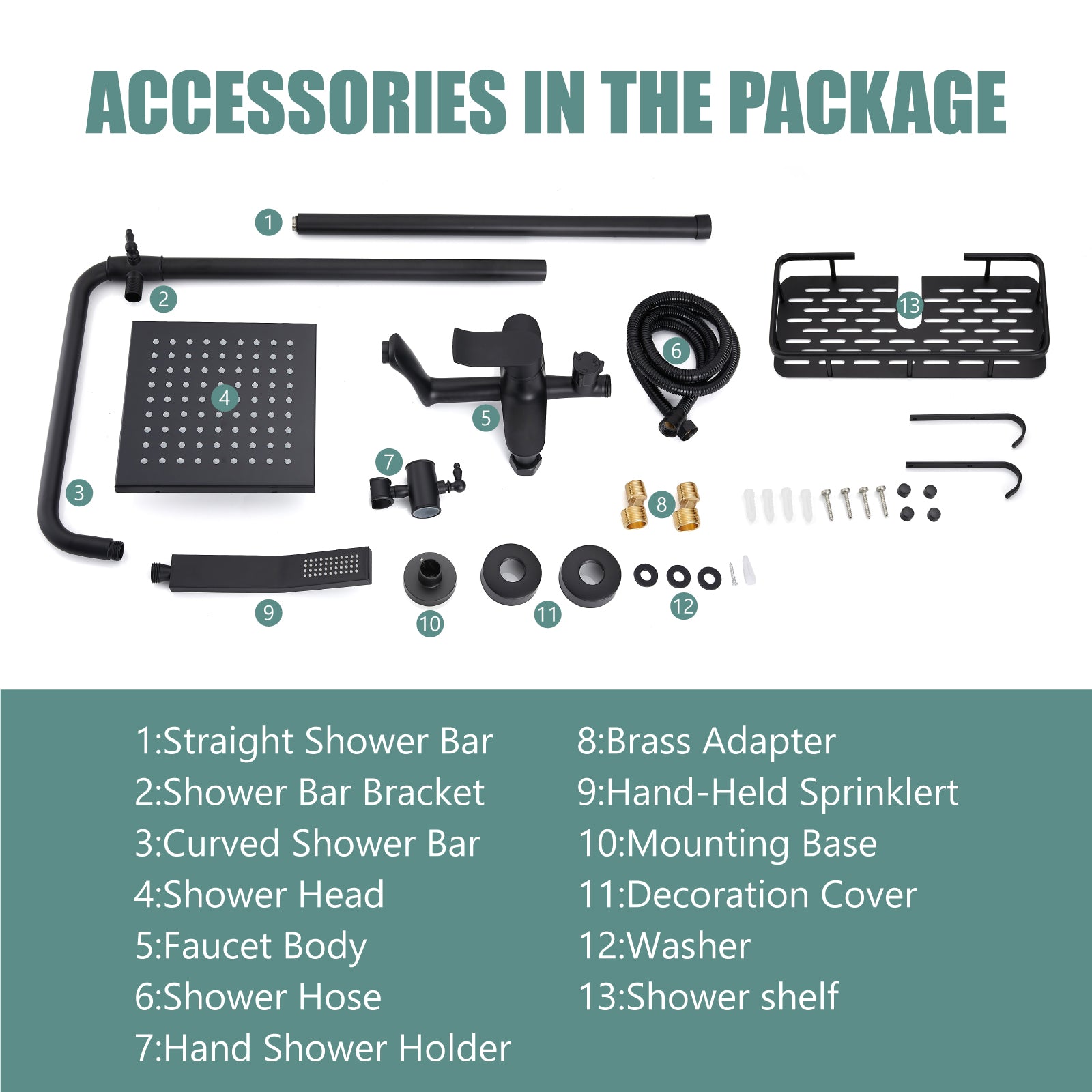 Heyalan Wall Mounted Exposed Shower System Triple Function Bathroom Shower Faucet 8” Square Swivel Rainfall Shower Head with Hand Held Sprayer Tub Spout Adjustable Complete Set with Shelf