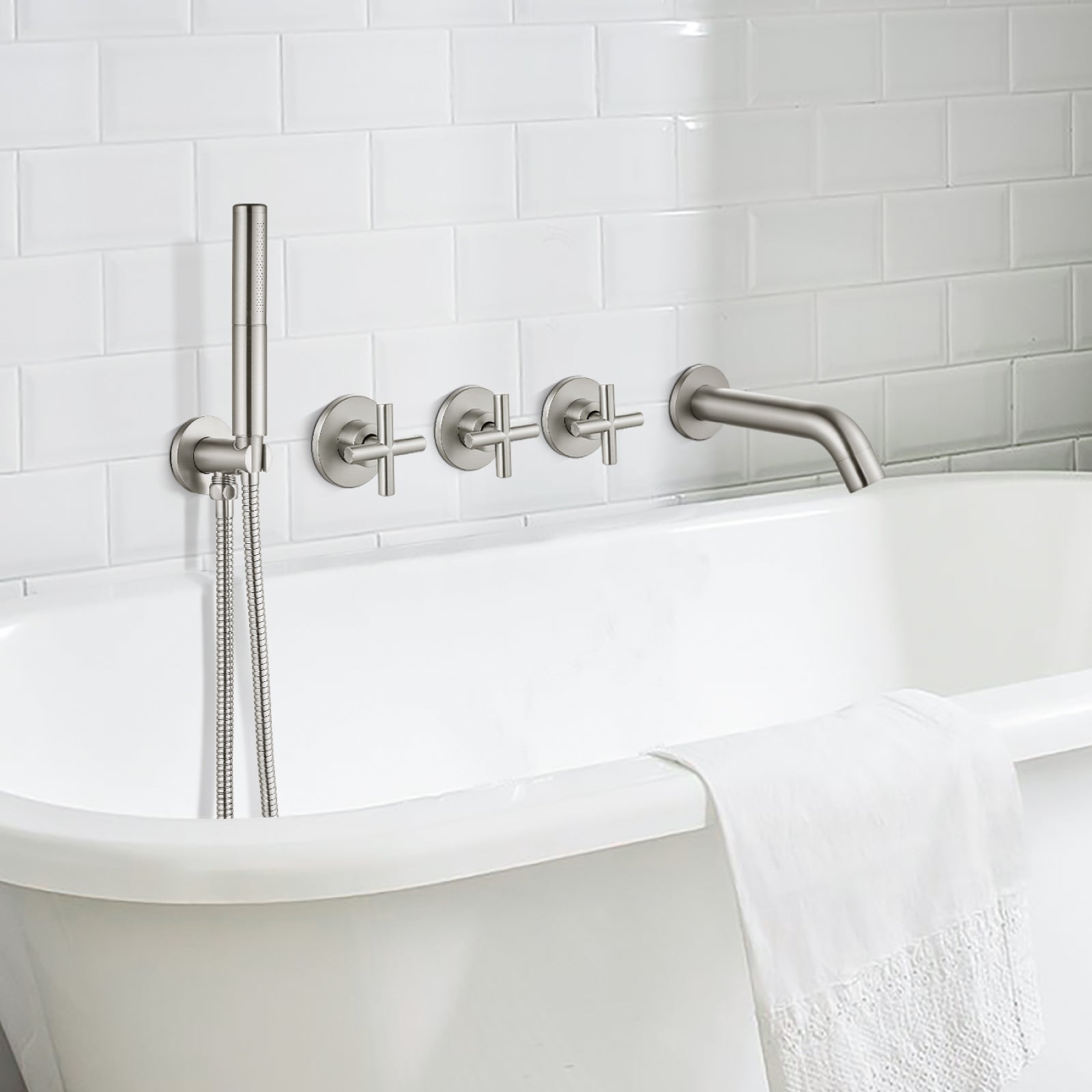 Heyalan Wall Mounted Bathroom Tub Filler Faucet with Handheld Shower Head High Flow Bathtub Spout with 3 Knobs Shower Trim kit Hand Held Sprayer 2 Function Roman Bath Fixtures