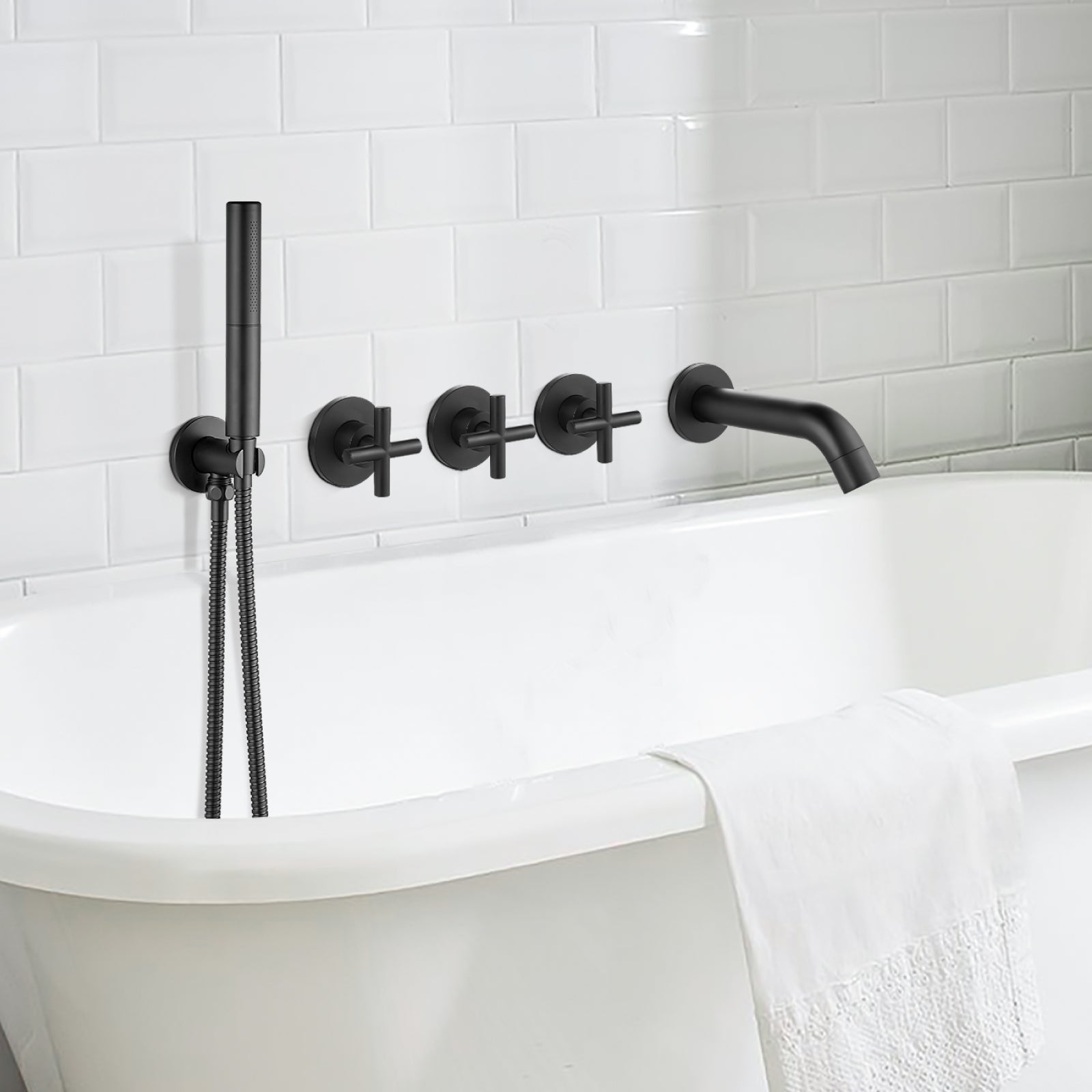 Heyalan Wall Mounted Bathroom Tub Filler Faucet with Handheld Shower Head High Flow Bathtub Spout with 3 Knobs Shower Trim kit Hand Held Sprayer 2 Function Roman Bath Fixtures
