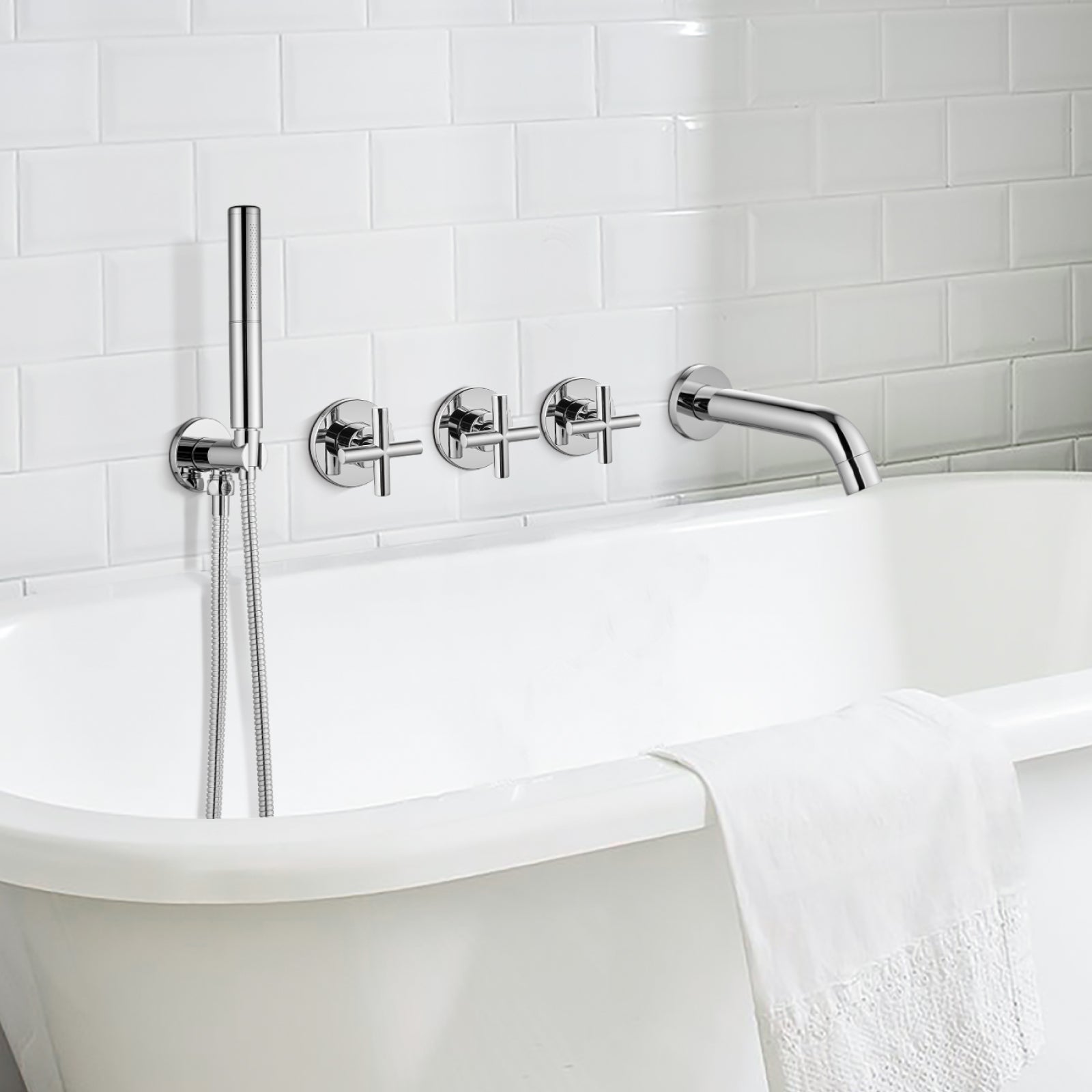 Heyalan Wall Mounted Bathroom Tub Filler Faucet with Handheld Shower Head High Flow Bathtub Spout with 3 Knobs Shower Trim kit Hand Held Sprayer 2 Function Roman Bath Fixtures