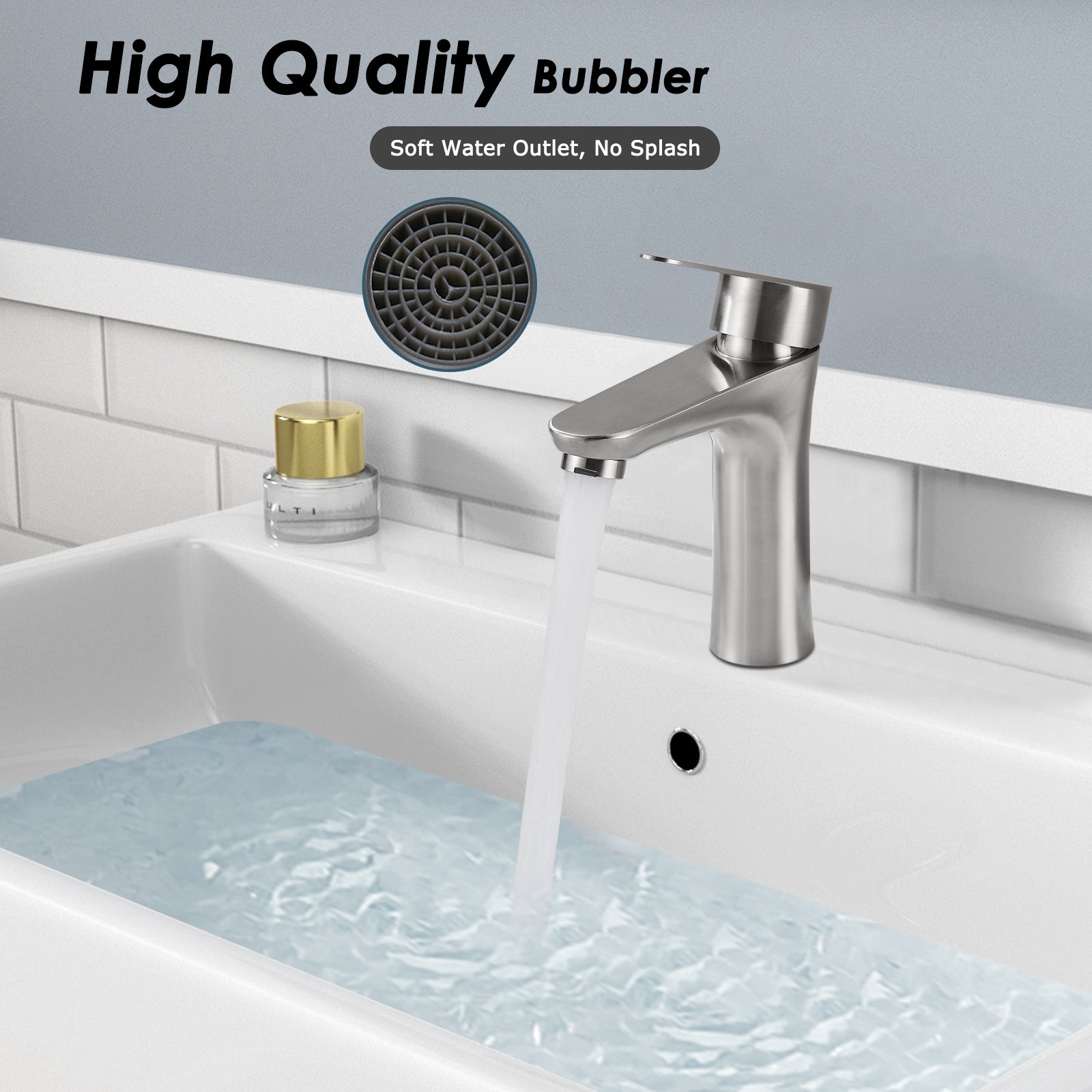 Brushed Nickel Bathroom Faucet Cold Water Only SUS304 Stainless Steel Single Handle One Hole Deck Mounted Lavatory Tap Single Switch 3/8" Hose with Male 3/8" - Female 1/2" Adapter(Drain not Included)