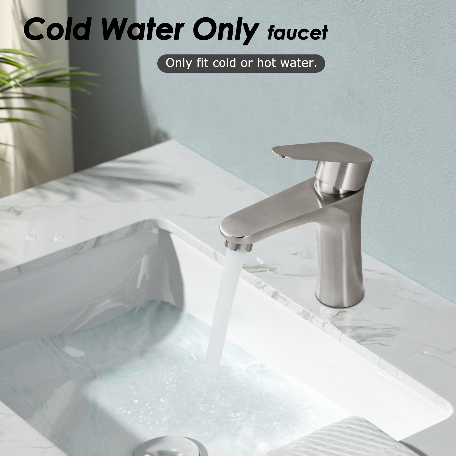Brushed Nickel Bathroom Faucet Cold Water Only SUS304 Stainless Steel Single Handle One Hole Deck Mounted Lavatory Tap Single Switch 3/8" Hose with Male 3/8" - Female 1/2" Adapter(Drain not Included)