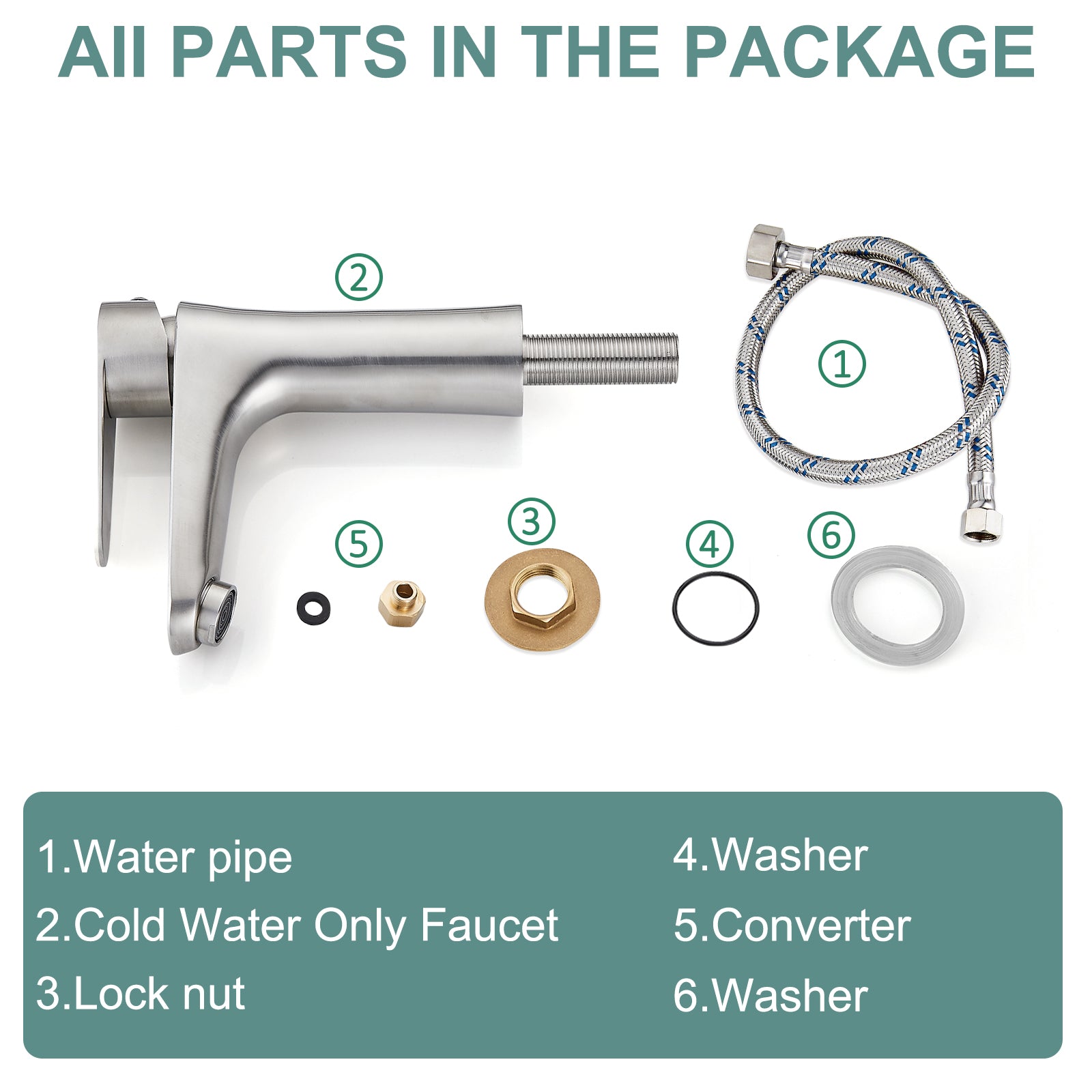 Brushed Nickel Bathroom Faucet Cold Water Only SUS304 Stainless Steel Single Handle One Hole Deck Mounted Lavatory Tap Single Switch 3/8" Hose with Male 3/8" - Female 1/2" Adapter(Drain not Included)